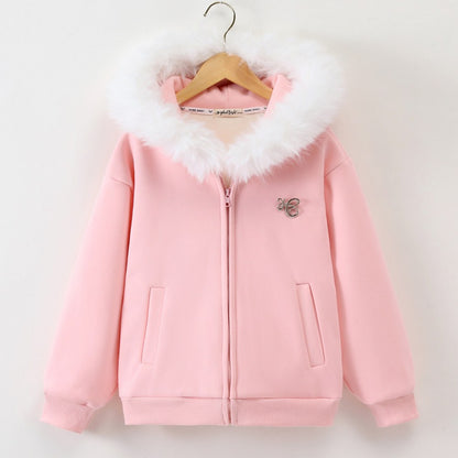 Girls Pink Hooded Coat with Faux Fur Collar and Fleece Lining