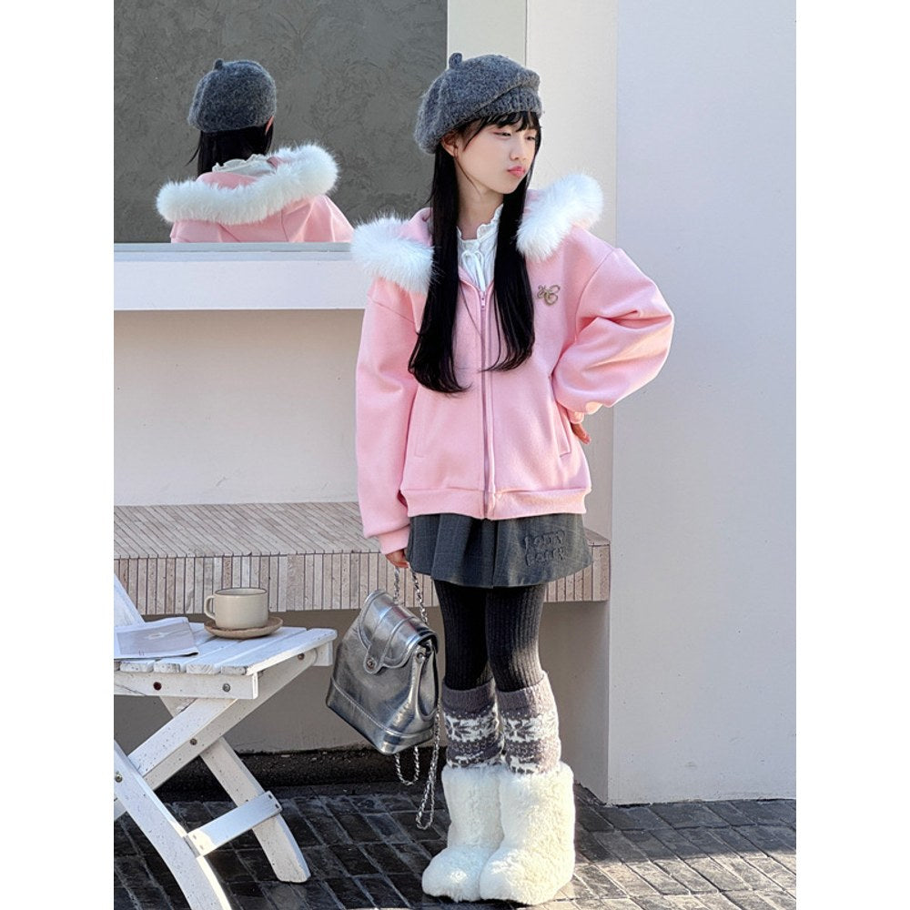 Girls Pink Hooded Coat with Faux Fur Collar and Fleece Lining