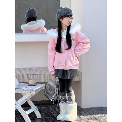 Girls Pink Hooded Coat with Faux Fur Collar and Fleece Lining