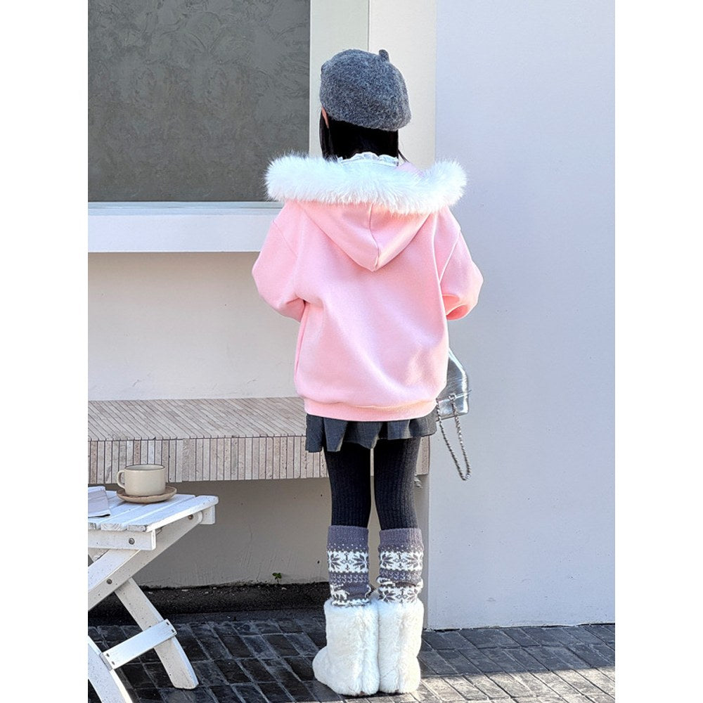 Girls Pink Hooded Coat with Faux Fur Collar and Fleece Lining
