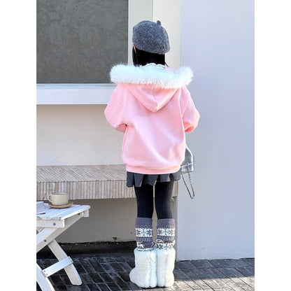 Girls Pink Hooded Coat with Faux Fur Collar and Fleece Lining