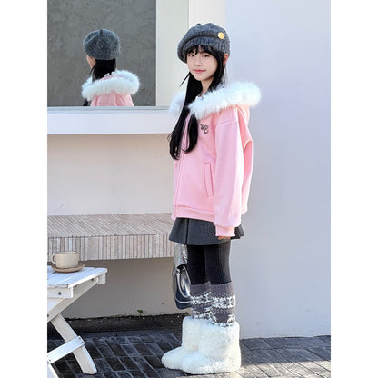 Girls Pink Hooded Coat with Faux Fur Collar and Fleece Lining