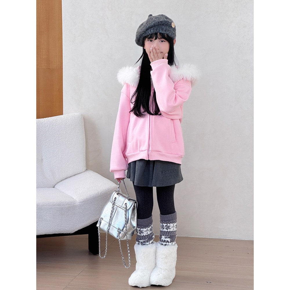 Girls Pink Hooded Coat with Faux Fur Collar and Fleece Lining