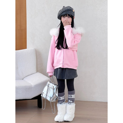 Girls Pink Hooded Coat with Faux Fur Collar and Fleece Lining