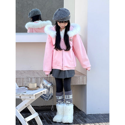 Girls Pink Hooded Coat with Faux Fur Collar and Fleece Lining