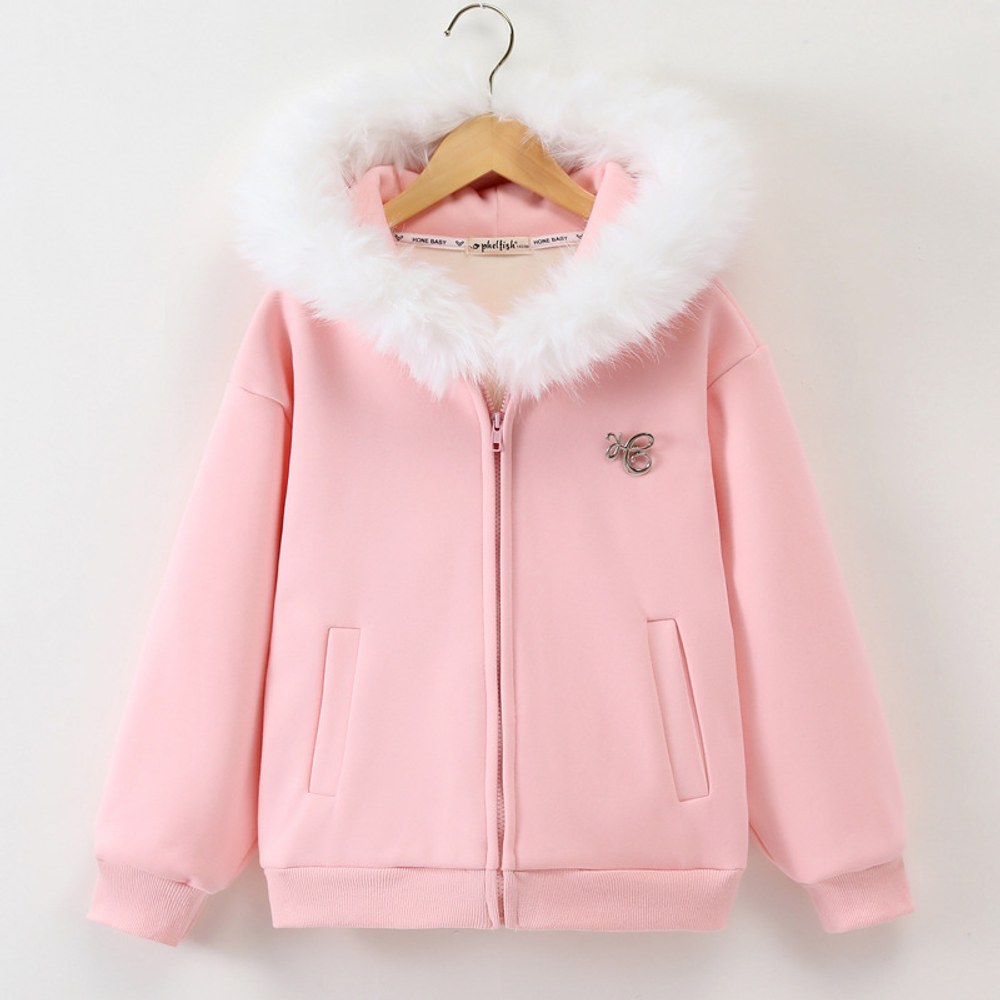 Girls Pink Hooded Coat with Faux Fur Collar and Fleece Lining