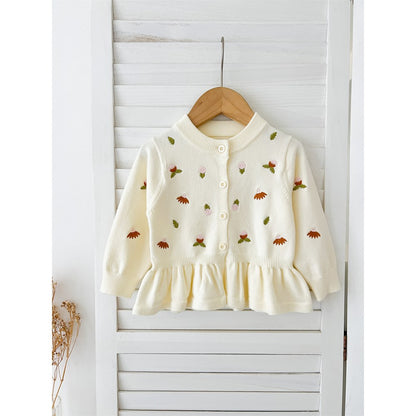 Baby Kids Comfortable Knitted Long Sleeves Cardigan with Flowers Embroidery Pattern