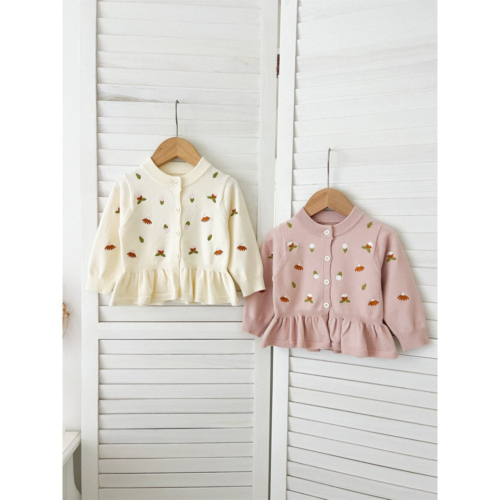 Baby Kids Comfortable Knitted Long Sleeves Cardigan with Flowers Embroidery Pattern
