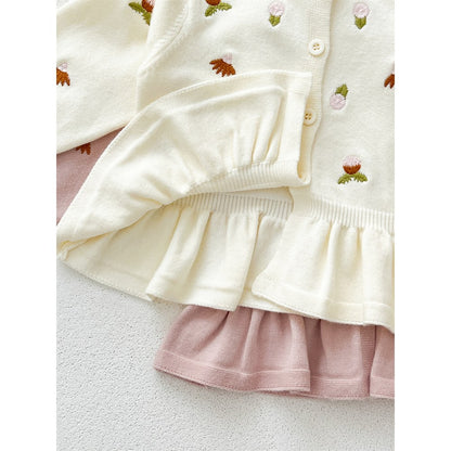 Baby Kids Comfortable Knitted Long Sleeves Cardigan with Flowers Embroidery Pattern