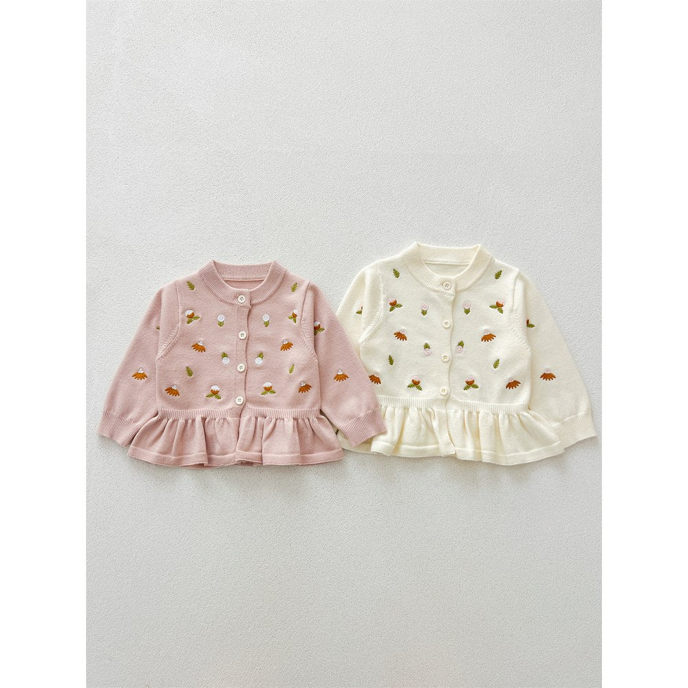 Baby Kids Comfortable Knitted Long Sleeves Cardigan with Flowers Embroidery Pattern