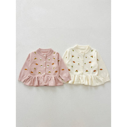 Baby Kids Comfortable Knitted Long Sleeves Cardigan with Flowers Embroidery Pattern