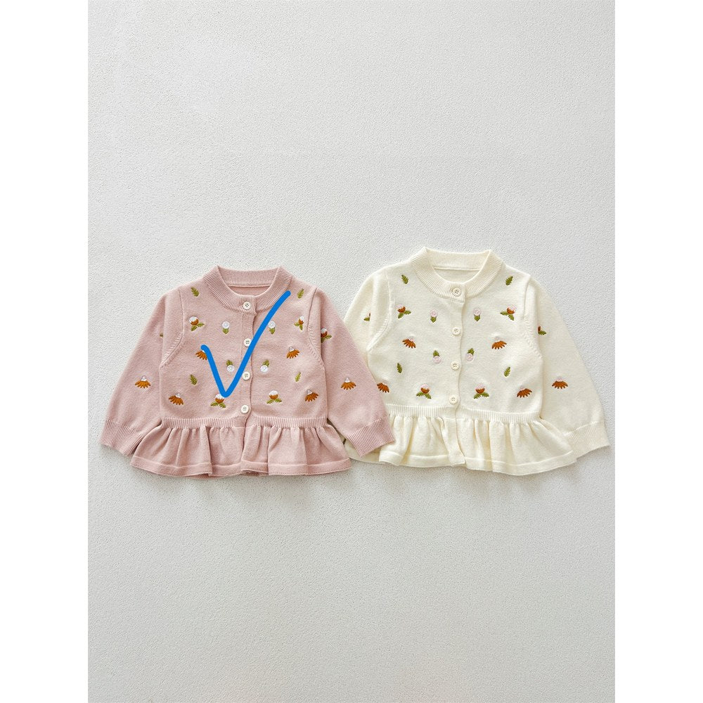 Baby Kids Comfortable Knitted Long Sleeves Cardigan with Flowers Embroidery Pattern