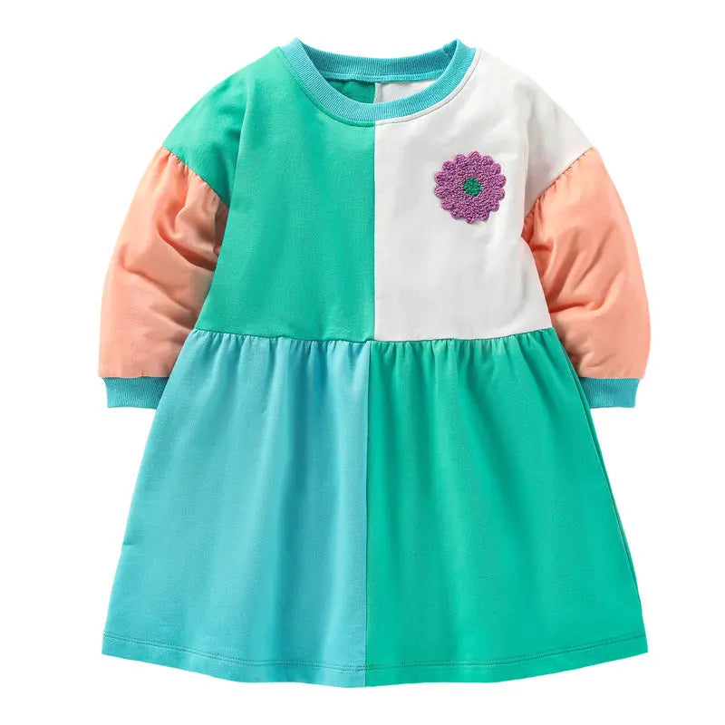 Baby Girl Floral Pattern Color block Design Loose Dress My Kids-USA