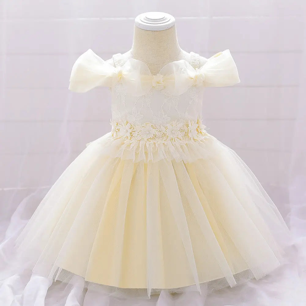 Newborn Baby Girl Birthday Baptism Dress One Shoulder Puff Sleeves Princess Dress My Kids-USA