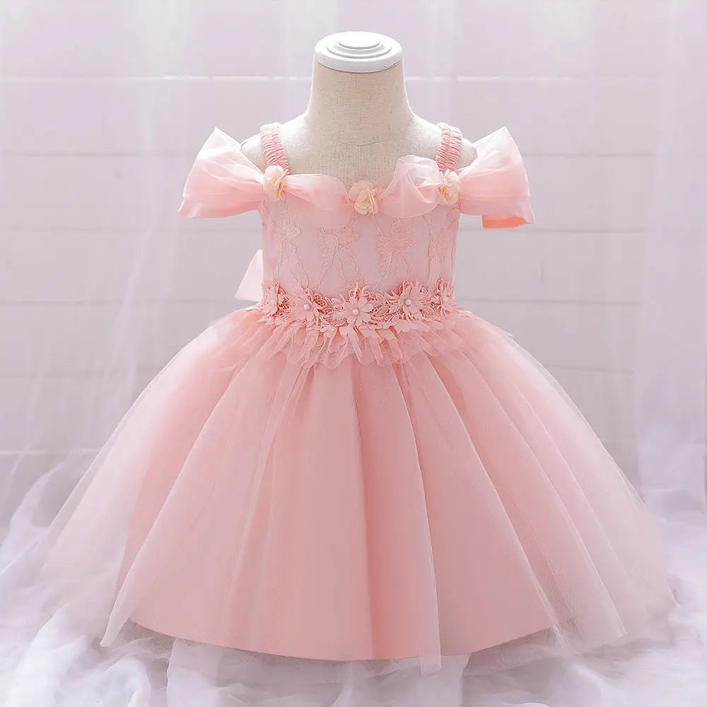 open lace back dress Newborn Baby Girl Birthday Baptism Dress One Shoulder Puff Sleeves Princess Dress 80 (9-12M) / Pink open lace back dress Newborn Baby Girl Birthday Baptism Dress One Shoulder Puff Sleeves Princess Dress 80 (9-12M) / Pink