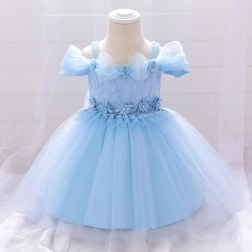 MyKids-USA Newborn Baby Girl Birthday Baptism Dress One Shoulder Puff Sleeves Princess Dress 80 (9-12M) / Pink