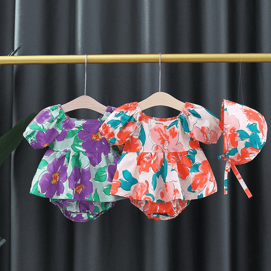 Baby Girl Flower Graphic Square Neck Fashion Onesies Dress With Hat, MyKids-USA®, Baby One-Pieces, MyKids-USA -  -  -  -  -  -  - 