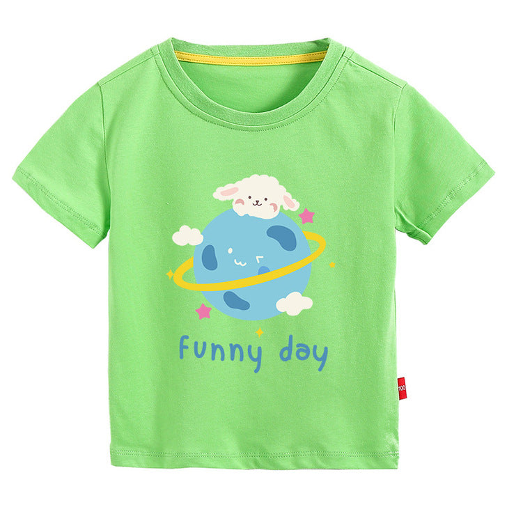 Baby Cartoon Printed Pattern Short-Sleeved Round Collar T-Shirt In Summer Outfit Wearing