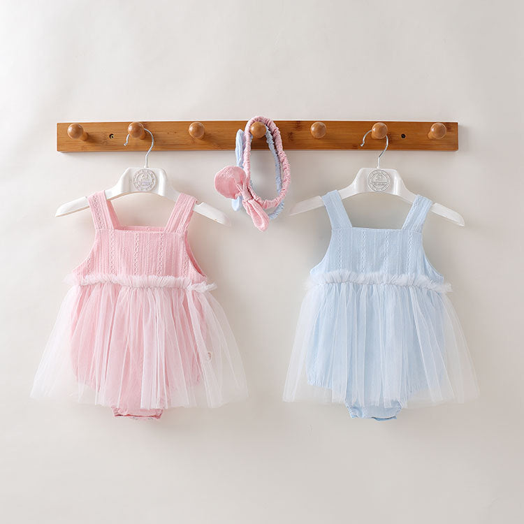 Baby Girl Solid Color Mesh Patchwork Design Sleeveless Dress With Headband