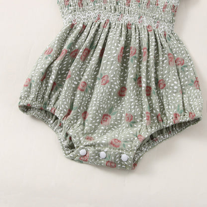 Baby Girls Little Floral Print Lace Patchwork Design Sling Thin Style Onesies
