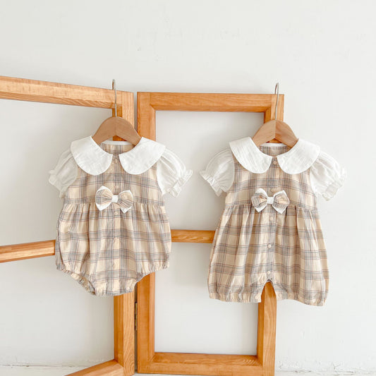 Baby Girl Grid Patchwork Solid Doll Collar Short-Sleeved Romper Onesies