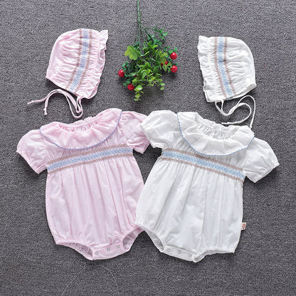 Baby Girl Embroidery Pattern Ruffle Collar Design Bubble Short-Sleeved Onesies With Hat My Kids-USA