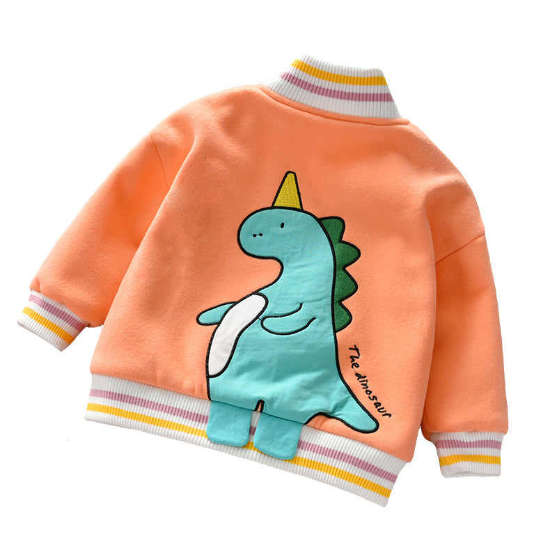 Baby Boy Back Cartoon Dinosaur Graphic Striped Cuff & Hem Design Fleece Thickened Coat My Kids-USA