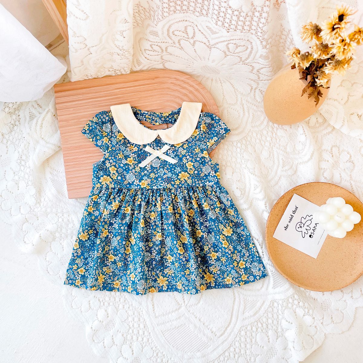 Baby Girls Floral Print Backless Design Doll-Neck Dress With Bow Decoration My Kids-USA