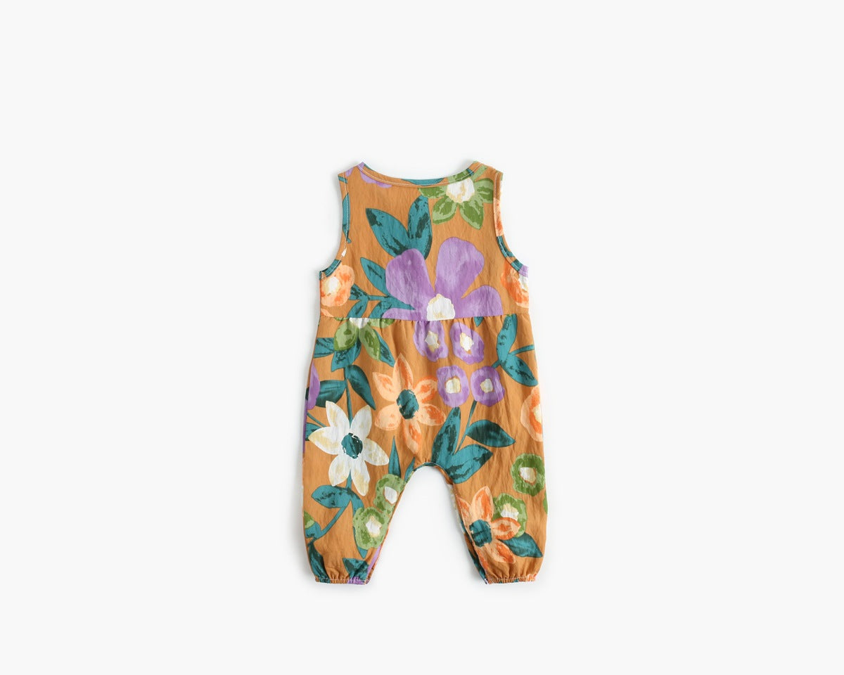 Baby Girl Floral Print Pattern Buttoned Design Sleeveless Rompers My Kids-USA