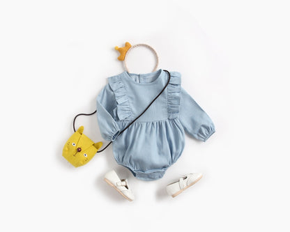 Baby Girl Solid Color Ruffle Design Denim Long Sleeved Bodysuit Onesies My Kids-USA