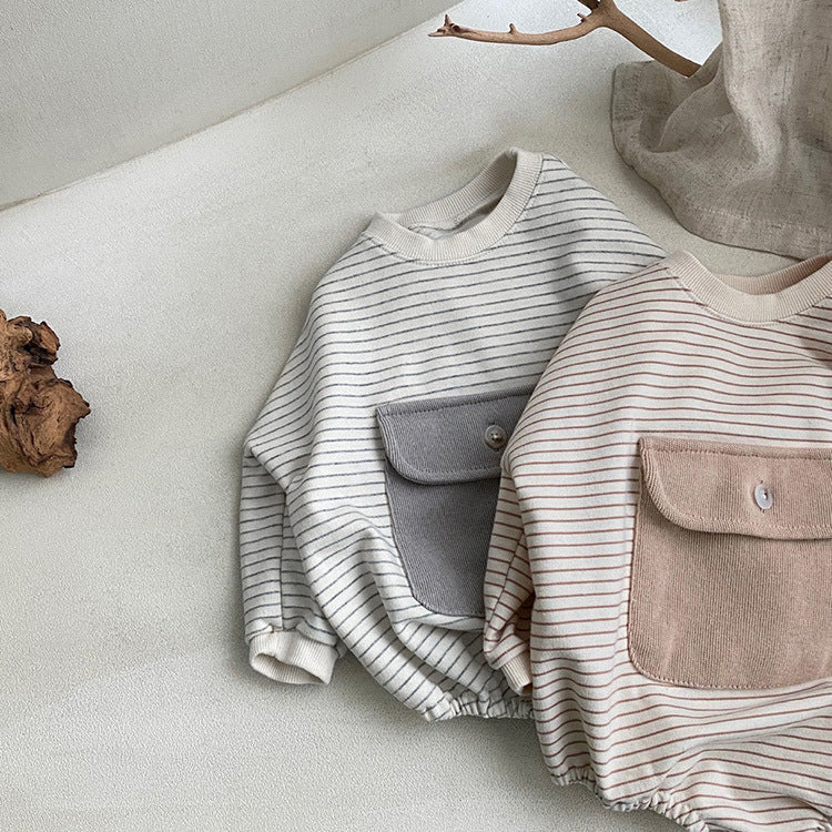Baby Girl Striped Pattern Big Pocket Design Newborn Bodysuit