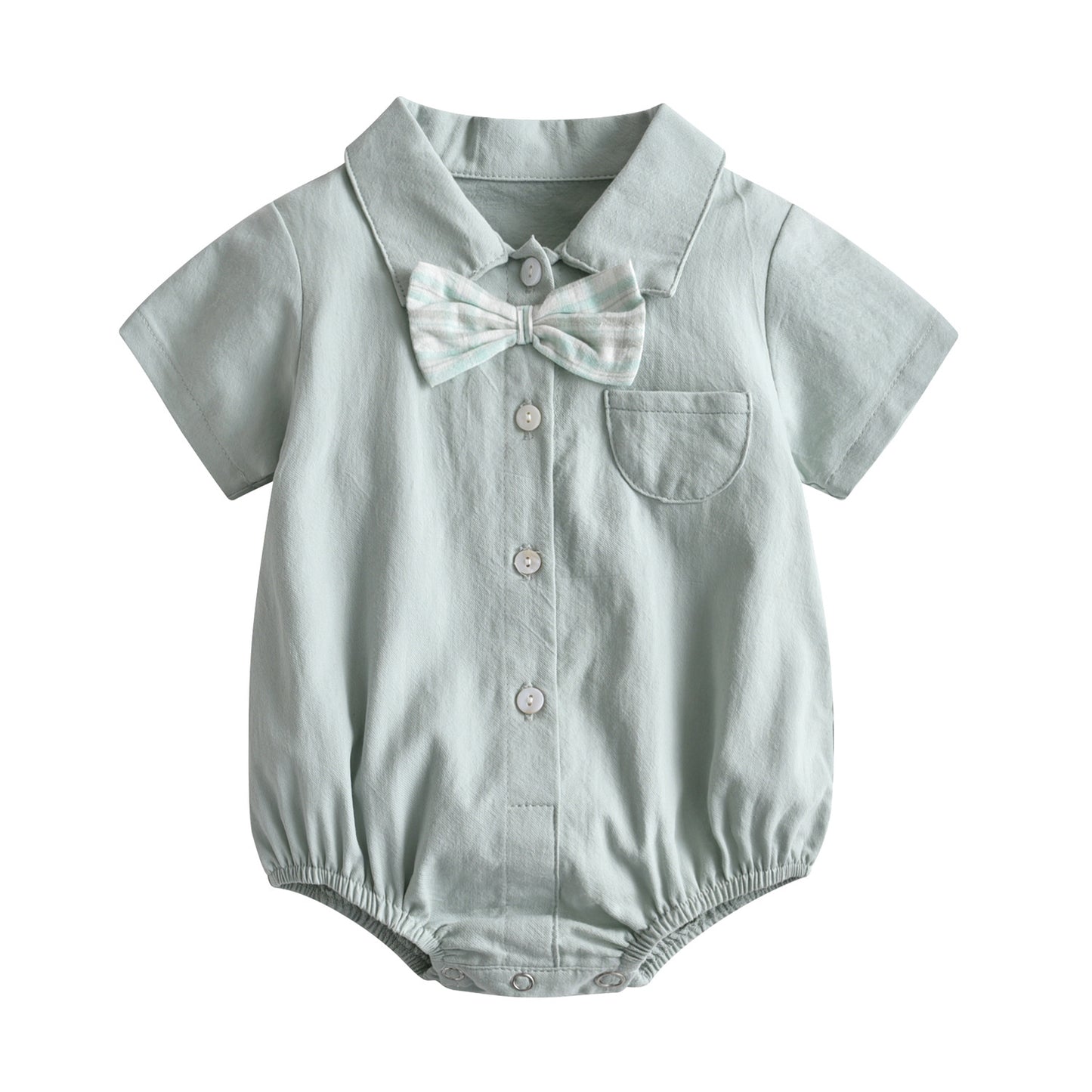 Baby Boy Solid Color Bow Tie Design Buttoned Shirt With Pockets Short Sleeve Onesies In Summer My Kids-USA