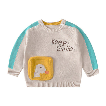 Baby Cartoon Duck Graphic Contrast Design Long Sleeved Cute Knitted Sweater My Kids-USA