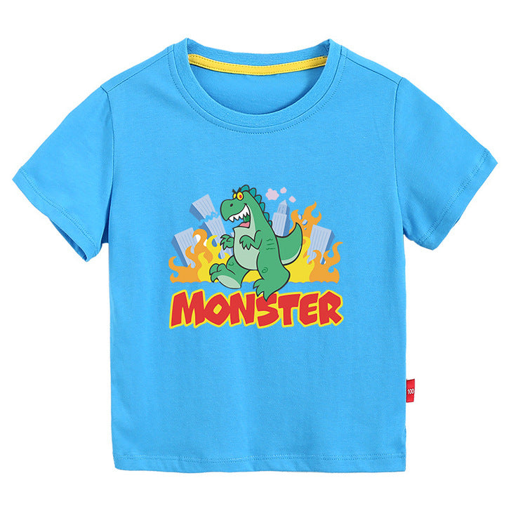 Baby Boy And Girl Grumpy Dinosaur Print Short-Sleeved Multiple Color T-Shirt