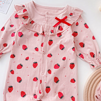 Baby Girl Allover Strawberries Pattern Ruffle Design Button Front Romper My Kids-USA