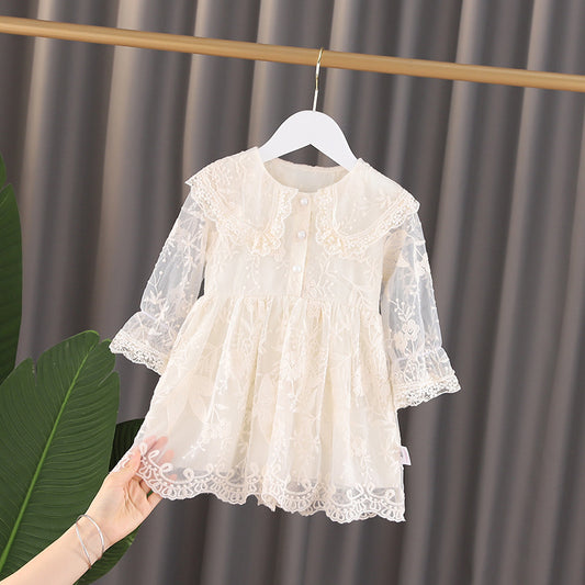 Baby Girls Solid Color Mesh Overlay Design Doll Neck Princess Long Sleeves Dress My Kids-USA