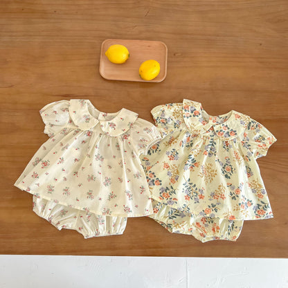 Baby Girl Floral Print Doll Collar Design Tops Combo Shorts Sets In Summer My Kids-USA