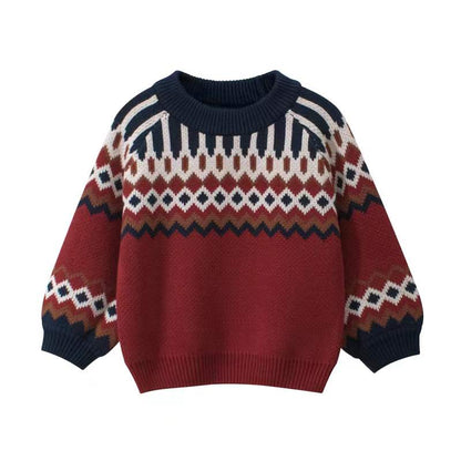 Girls Fashionable Round Collar Geometric Design Knitting Sweater