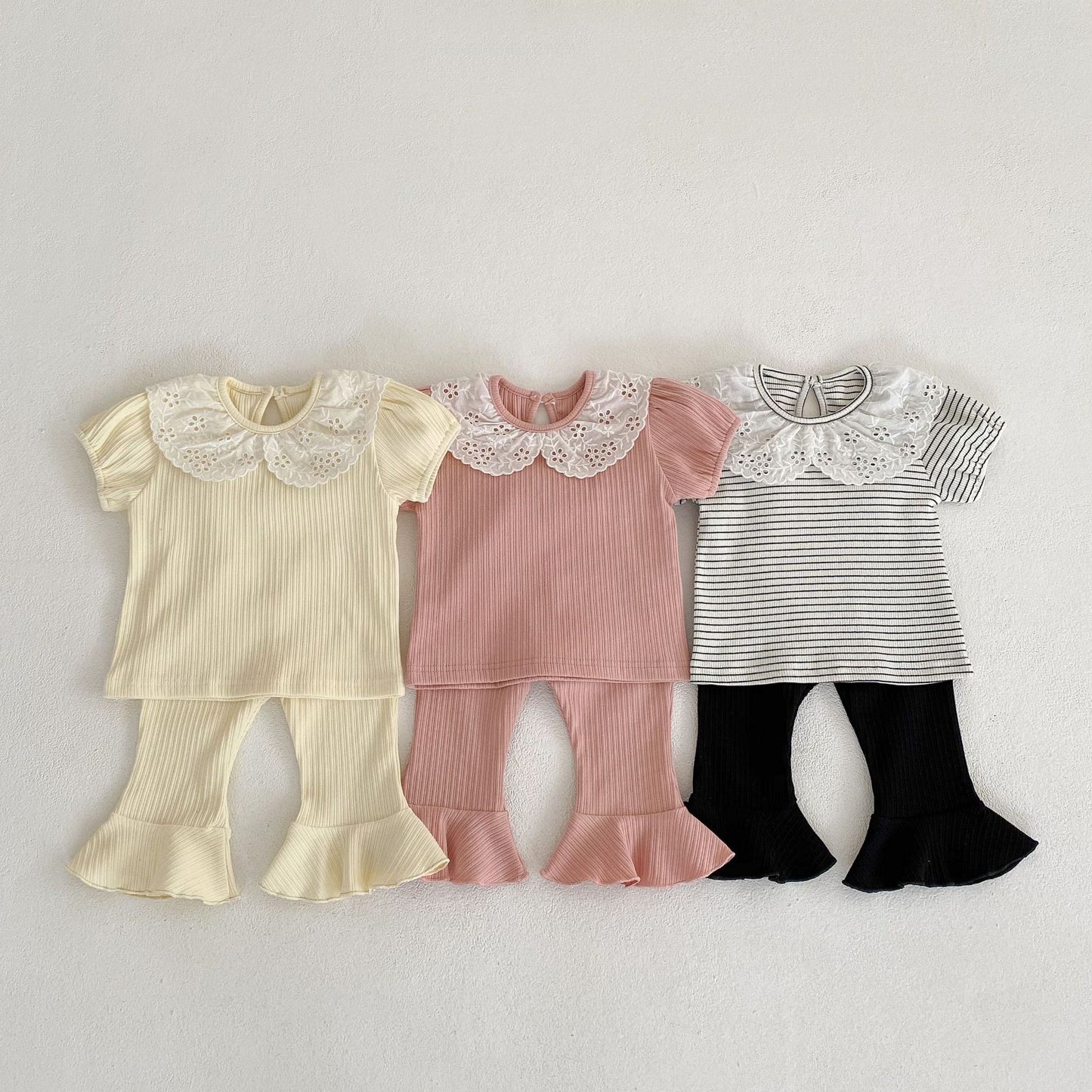 Baby Girl Solid Color Mesh Doll Neck Shirt With Pants Sets