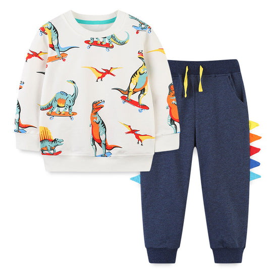 Baby Boy Cartoon Animal Embroidery Solid Color Hoodie Combo Trousers Sets