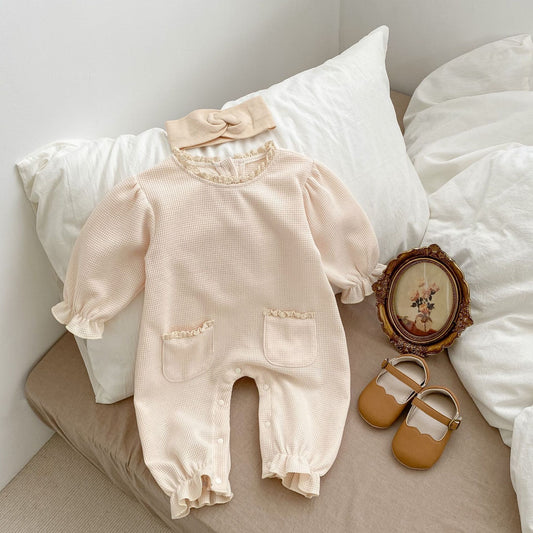 Baby Girl Solid Color Wooden Ear Patched Design Waffle Romper