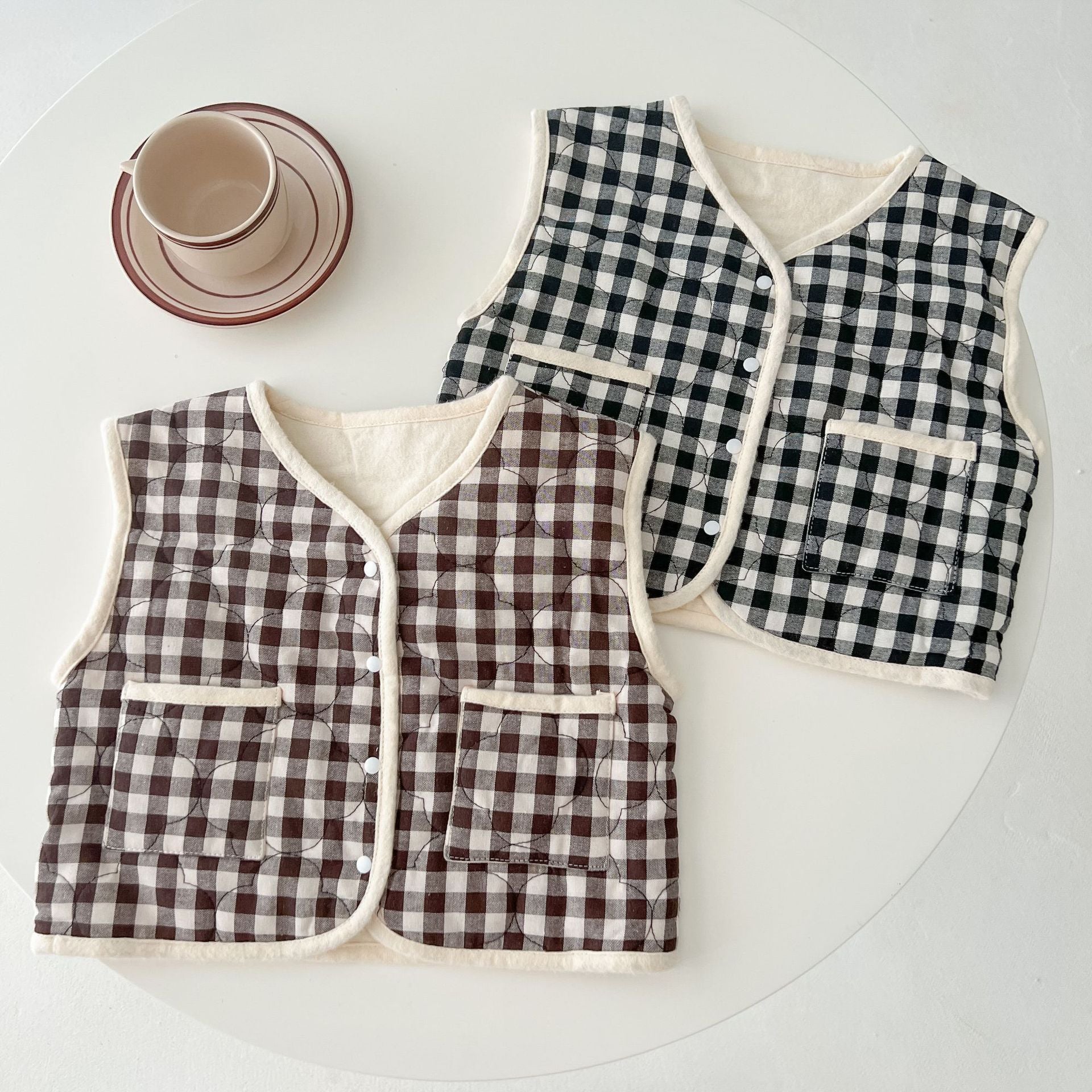 Baby Colorblock Plaid Pattern Sleeveless Thickened Quilted Vest Coat Outfit My Kids-USA