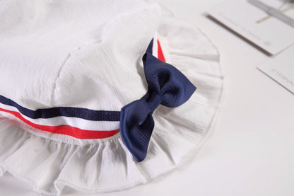 Baby Girl 1pcs Fake Button Bow Tie Design Striped Hem College Style Dress & Hat My Kids-USA