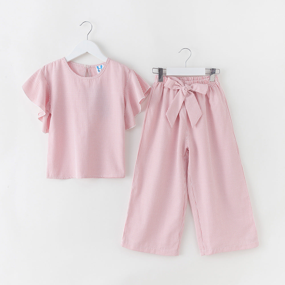 Girl Striped Pattern Tops Combo Bow Belt Pants Summer 1-Pieces Sets My Kids-USA