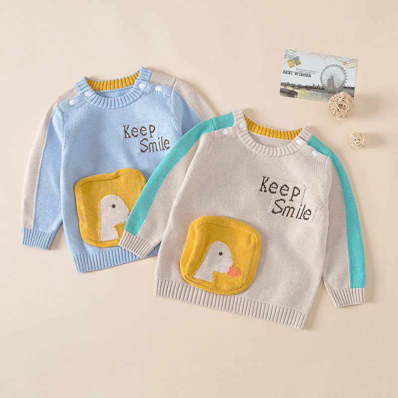Baby Cartoon Duck Graphic Contrast Design Long Sleeved Cute Knitted Sweater My Kids-USA