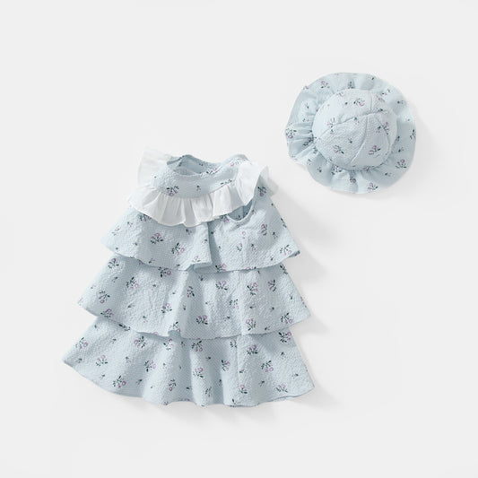 Baby Girl Floral Print Sleeveless Round Collar Dress Combo Hat In Summer