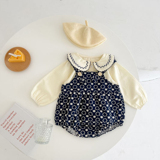 Baby Girl Solid Top Combo Floral Print Straps Overalls Sets