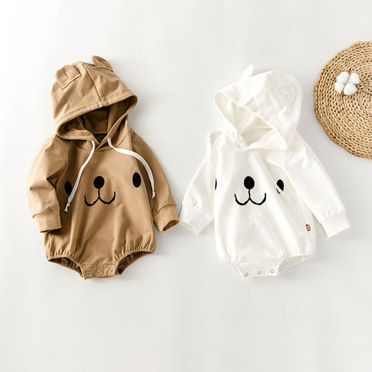 Baby Bear Pattern Solid Color Long-Sleeved Onesies With Hat In Spring & Autumn