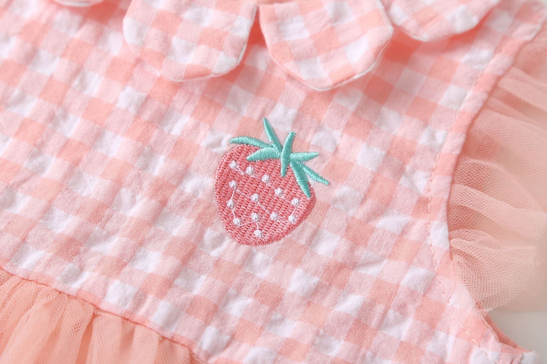 Baby Girl 1pcs Plaid Graphic Strawberry Embroidery Mesh Overlay Floral Neck Dress My Kids-USA
