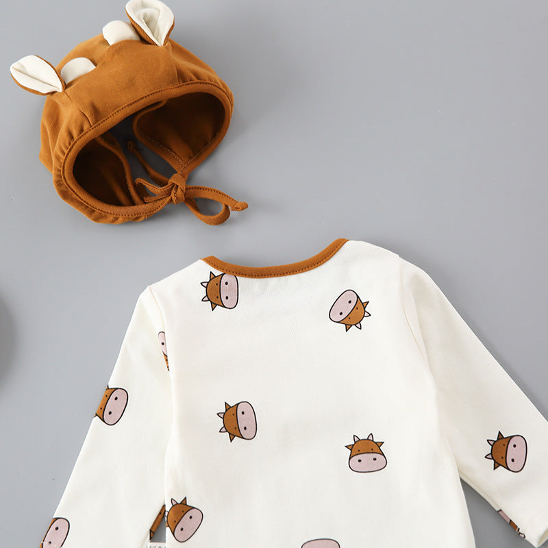 Baby 1pcs Cartoon Bear & Calf Graphic Long Sleeved Soft Bodysuit With Hat My Kids-USA